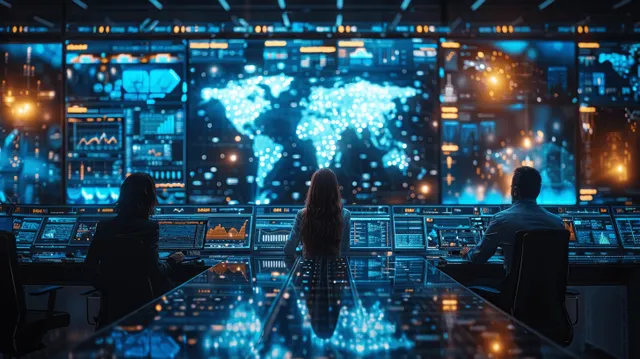 Cybersecurity analysts monitor live threat dashboards and network maps in a dark operations room.