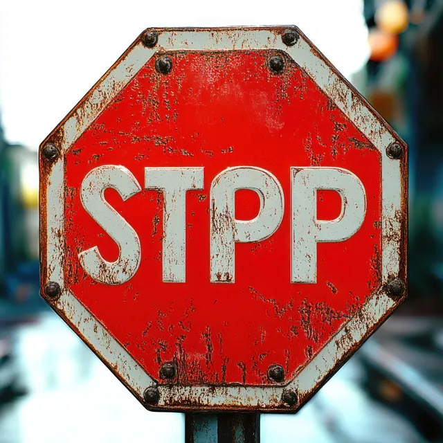 Rusty octagonal red road sign showing misspelled white letters STPP on city street