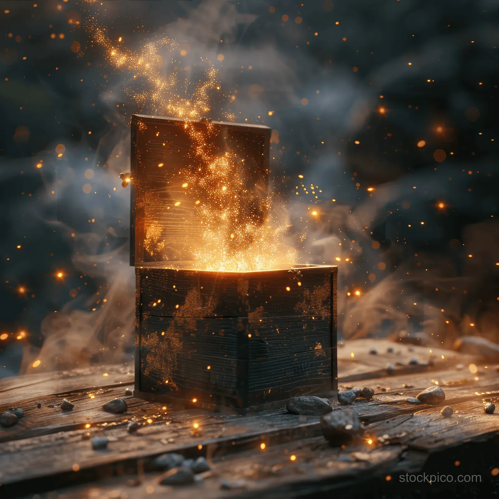 A partially opened wooden treasure chest on planks releases golden sparkles through smoky darkness.