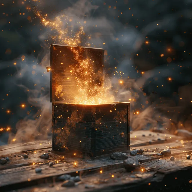 A partially opened wooden treasure chest on planks releases golden sparkles through smoky darkness.