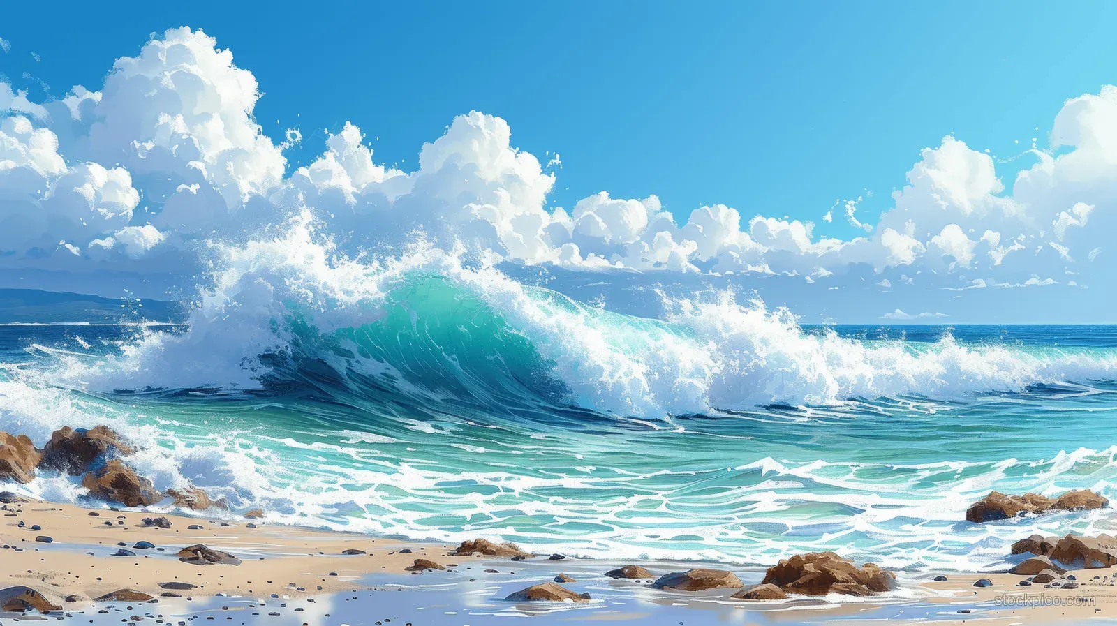 Ocean waves crash onto a rocky beach, creating white foam under a bright blue sky.