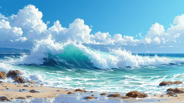 Ocean waves crash onto a rocky beach, creating white foam under a bright blue sky.