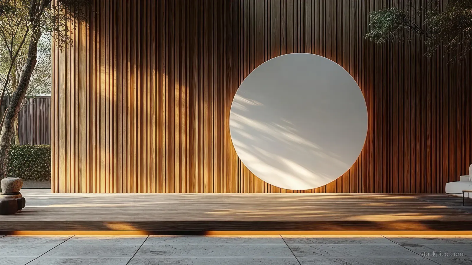 Round circular signboard mockup on a wooden slatted wall with soft light and empty storefront space.