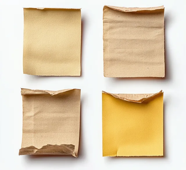 Four square sticky notes with torn vintage tape corners arranged on a white background.