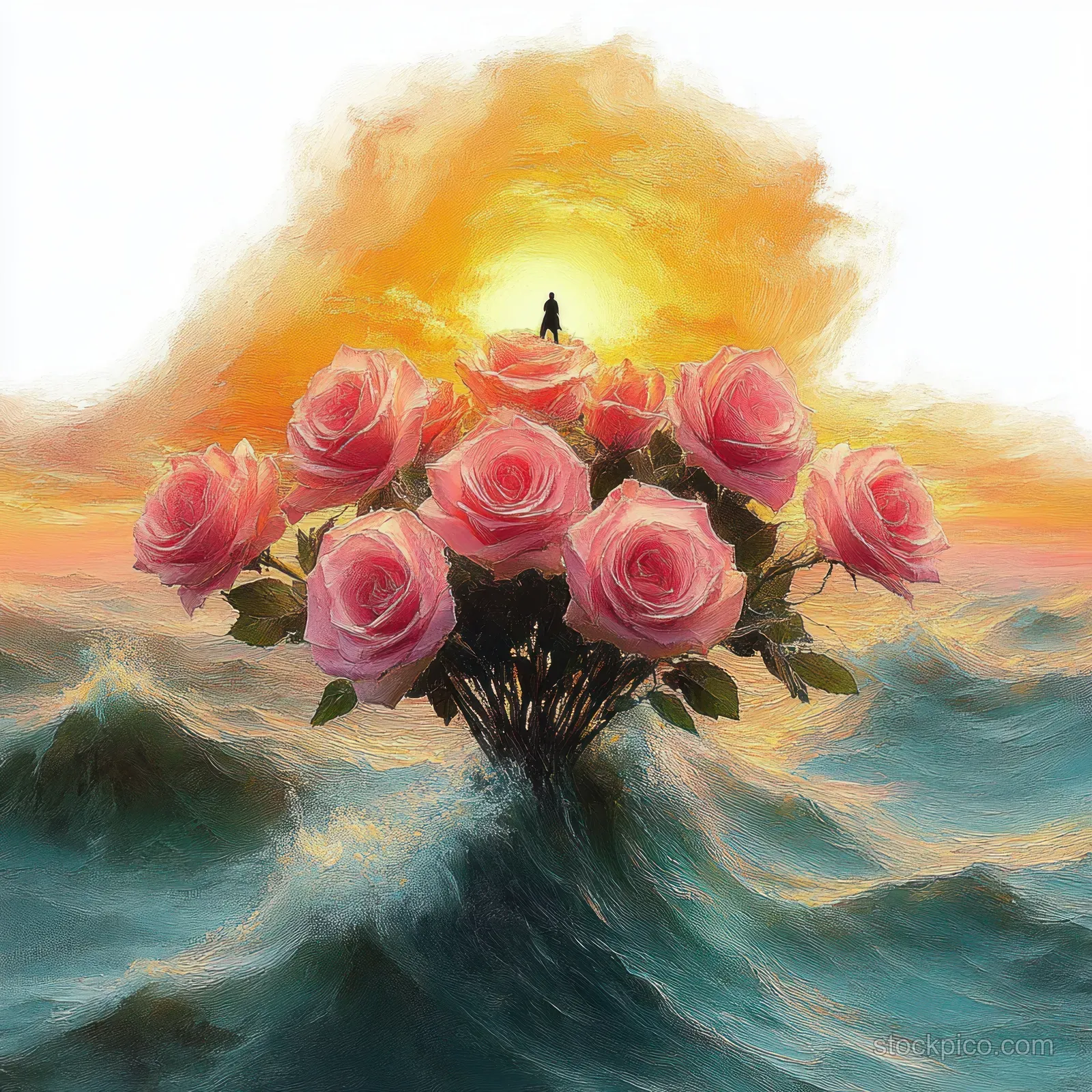 A pink rose bouquet rises from stormy ocean waves while a small silhouette stands on the flowers at sunset.