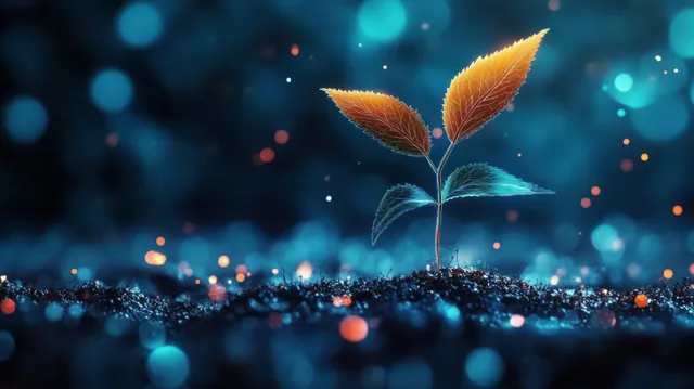 Seedling sprouting from a circuit-like ground with glowing particles and blue light