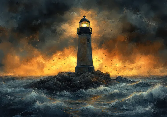 Watercolor lighthouse on jagged rocks amid stormy waves under a dramatic sunset sky and glowing beacon.