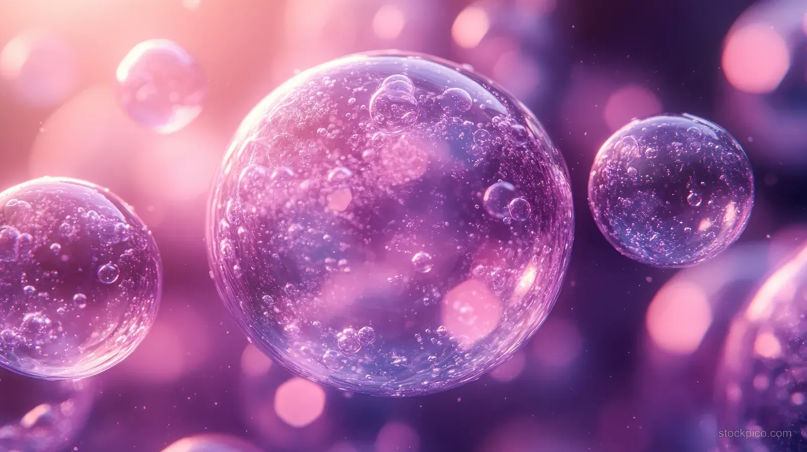 Translucent purple spheres and water-like droplets float over a soft blurred background.