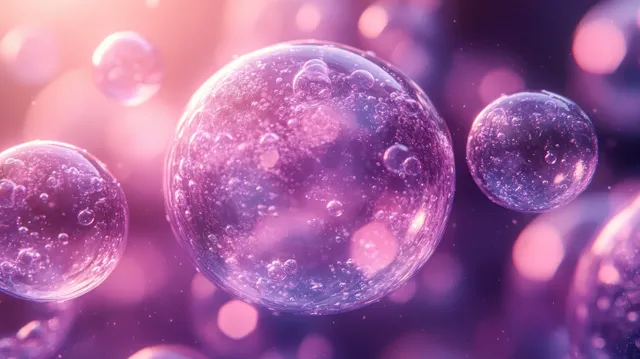 Hyaluronic acid droplets floating in soft purple gel, showing moisture and hydration visuals