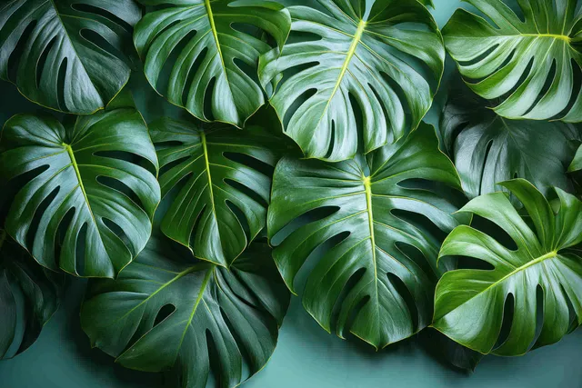 Dense Monstera Leaves Filling Frame with Rich Tropical Green Texture