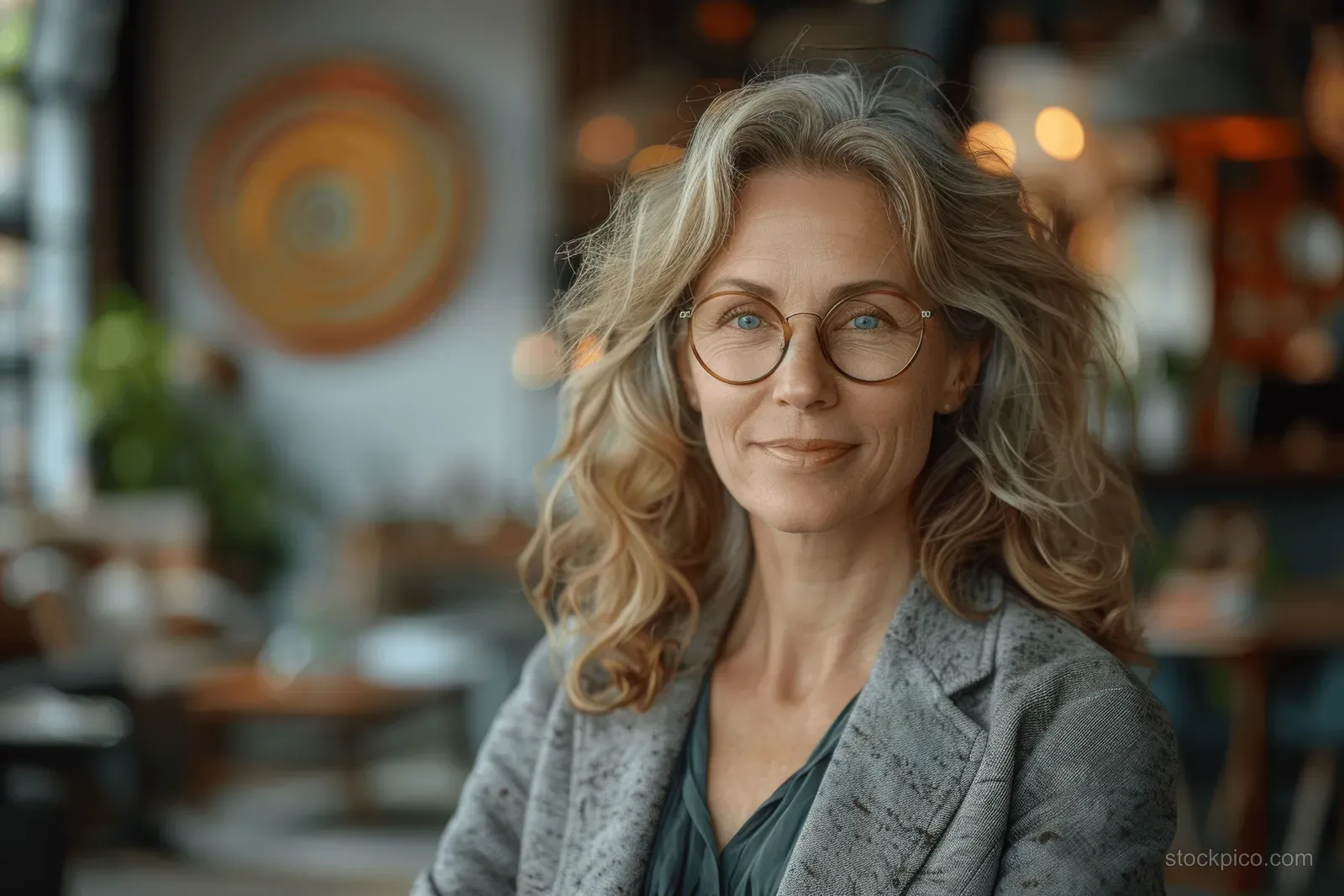 Smiling senior businesswoman in a blazer and eyeglasses standing in a modern office with glass-walled interior.