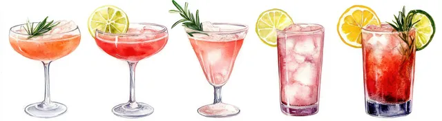Five illustrated cocktail glasses with pink-red drinks, citrus slices, and rosemary sprigs on a white background.