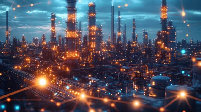 Dusk view of an oil refinery with lit towers, pipelines, and glowing orange flares across metal structures.