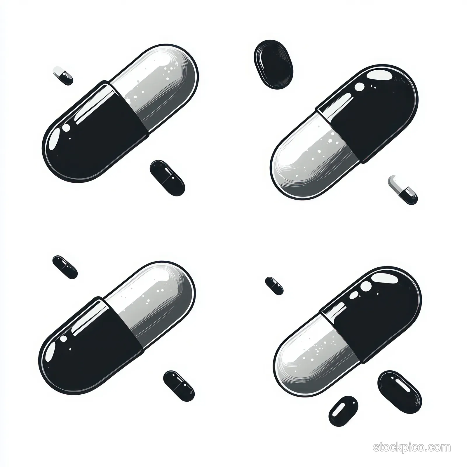 Black and white capsules with small matching tablets form a neat pattern on a white background.