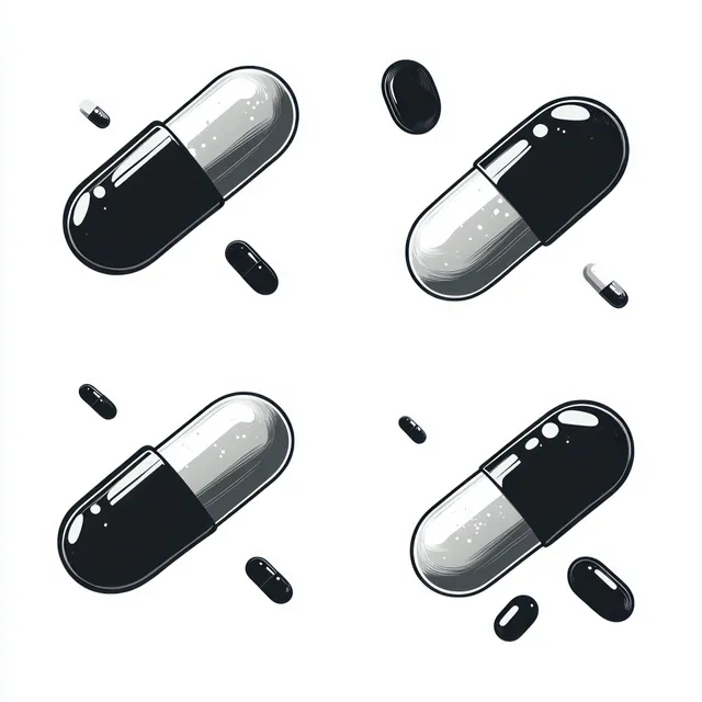 Black and white capsules with small matching tablets form a neat pattern on a white background.