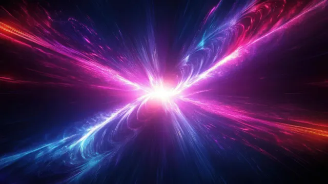 Cosmic light explosion radiating pink, blue, and purple beams from a bright central core