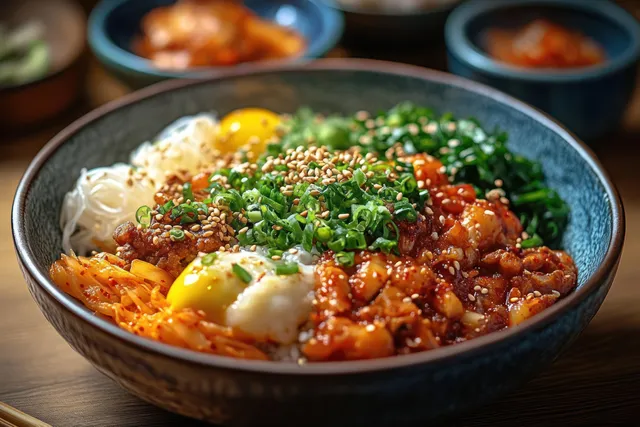 Korean bibimbap in a blue bowl with vegetables, kimchi, sesame seeds, and a runny egg yolk on a wooden table.