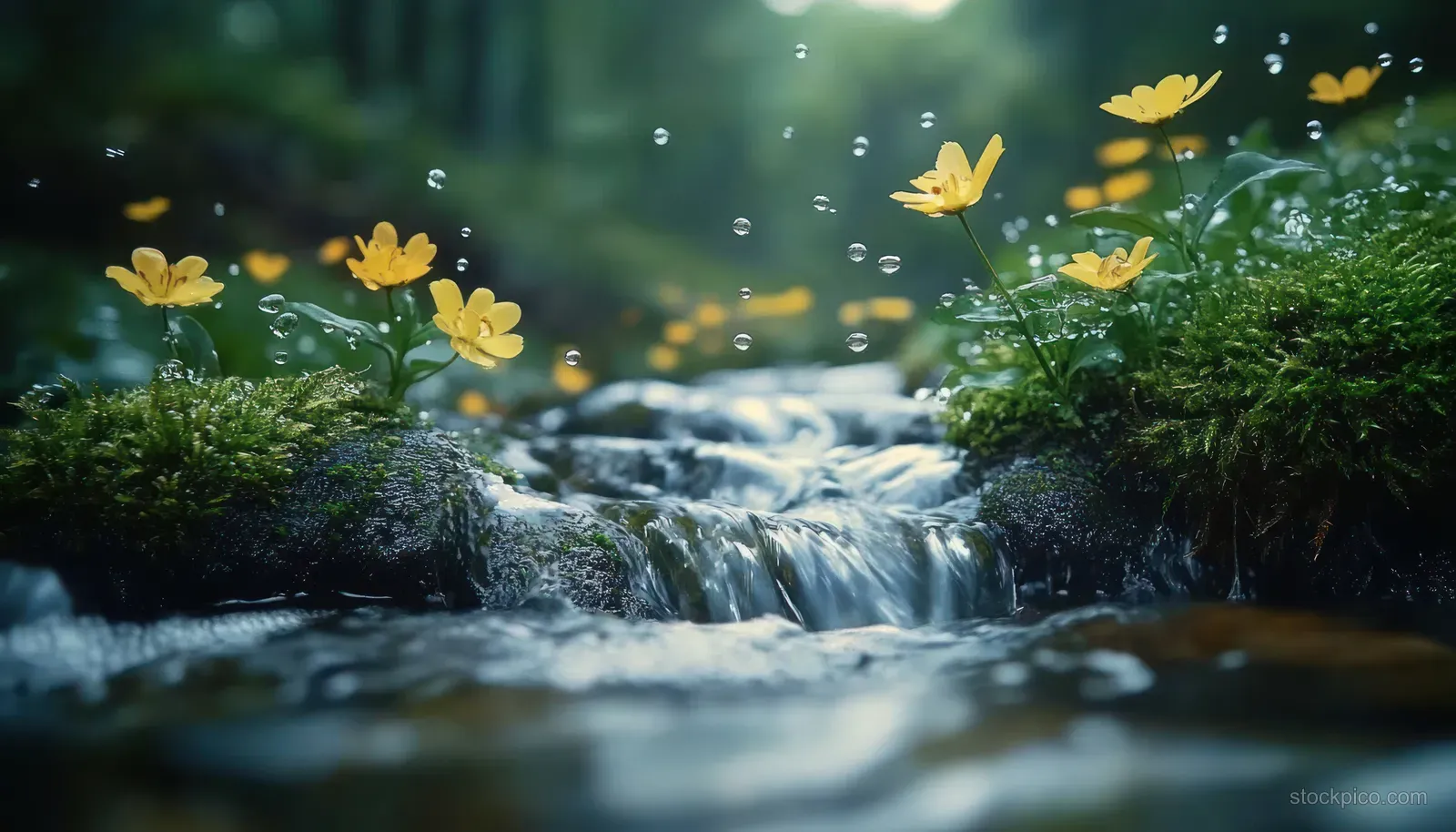 Yellow wildflowers and green moss grow along a gentle forest stream with small water droplets in the air.