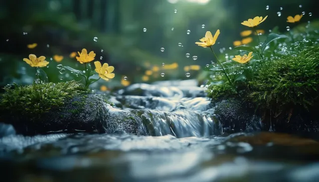 Yellow wildflowers and green moss grow along a gentle forest stream with small water droplets in the air.