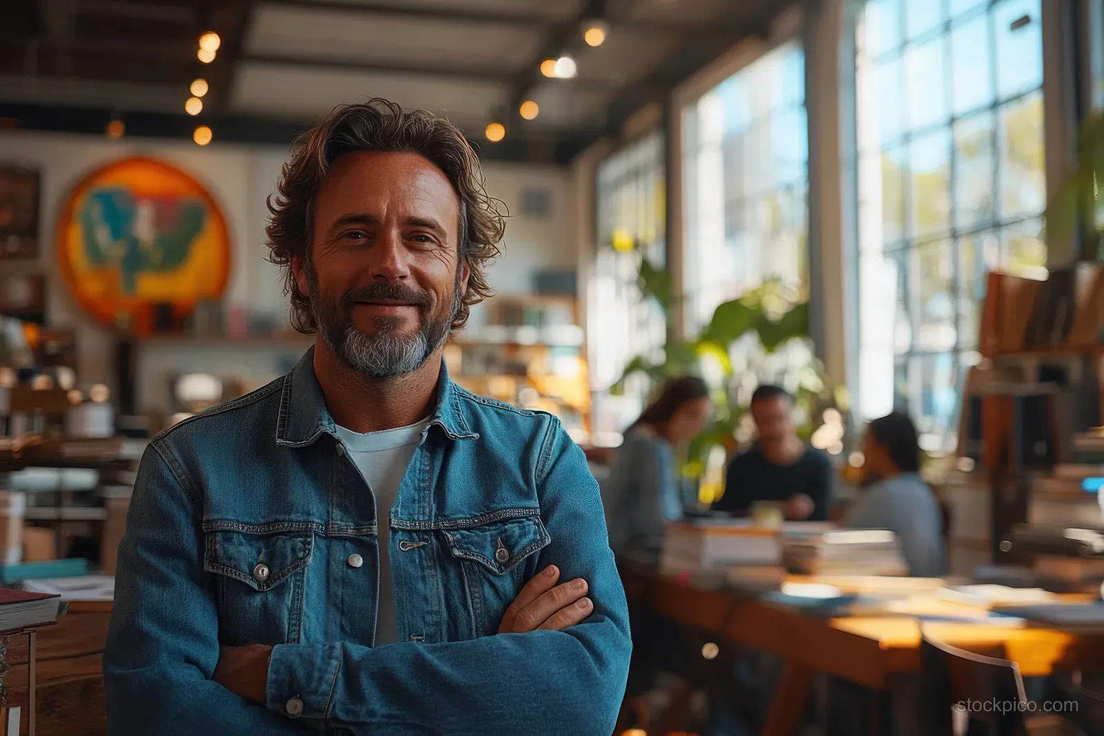 A denim-jacket business owner sits with arms crossed while colleagues talk in a bright modern office.