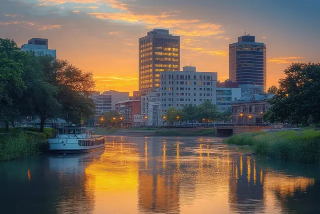Evansville downtown skyline reflecting on the Ohio River at sunset
