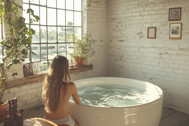 Brunette woman relaxes in a round bathtub beside loft windows, warm brick wall light