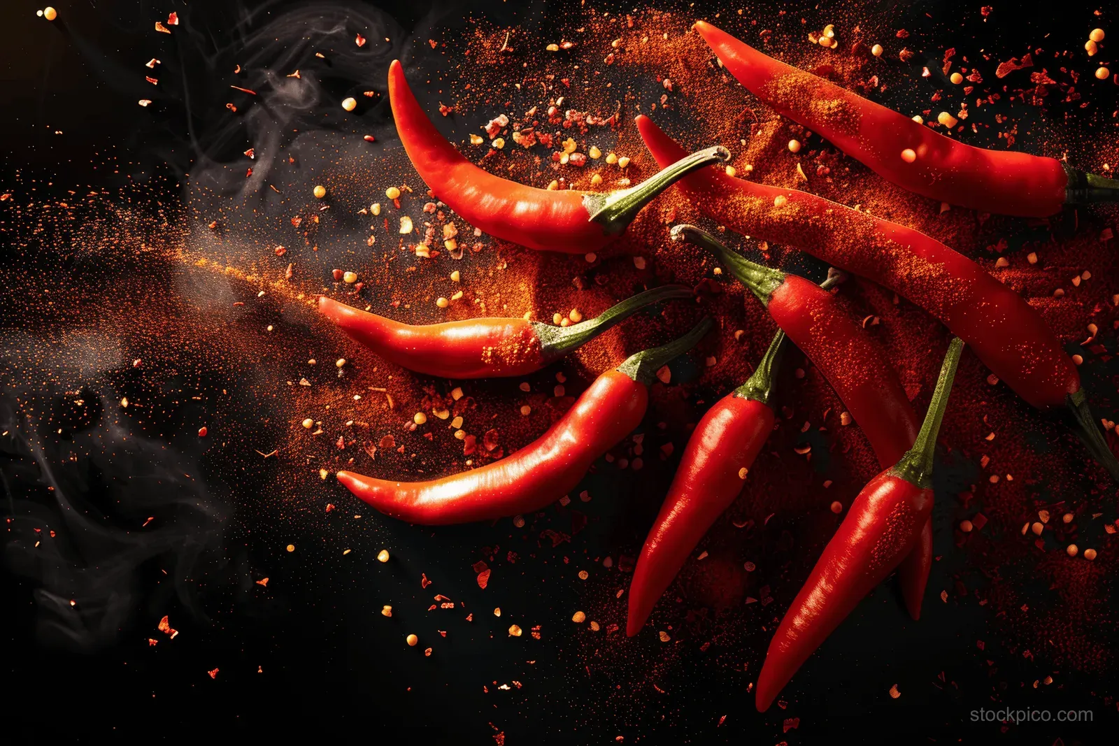 Fresh red chili peppers are arranged with chili flakes and powder on a dark background, creating a striking color contrast.