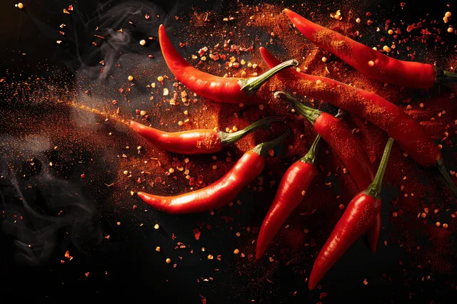 Fresh red chili peppers are arranged with chili flakes and powder on a dark background, creating a striking color contrast.