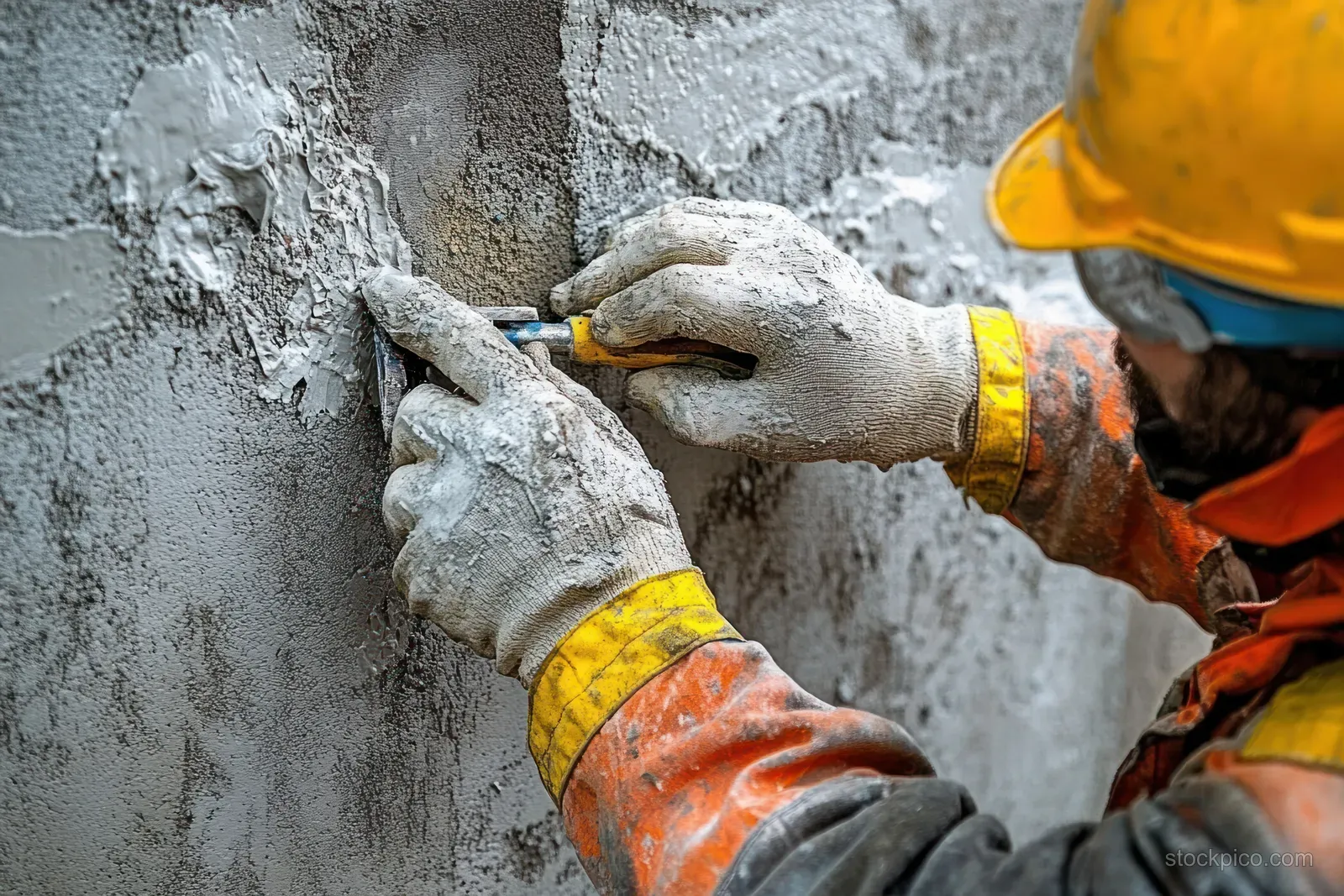 Gloved construction worker hands trowel plaster onto a rough wall while wearing a helmet.