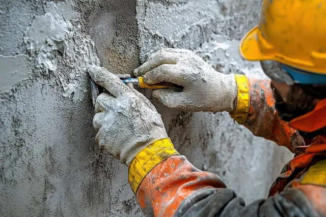 Gloved construction worker hands trowel plaster onto a rough wall while wearing a helmet.