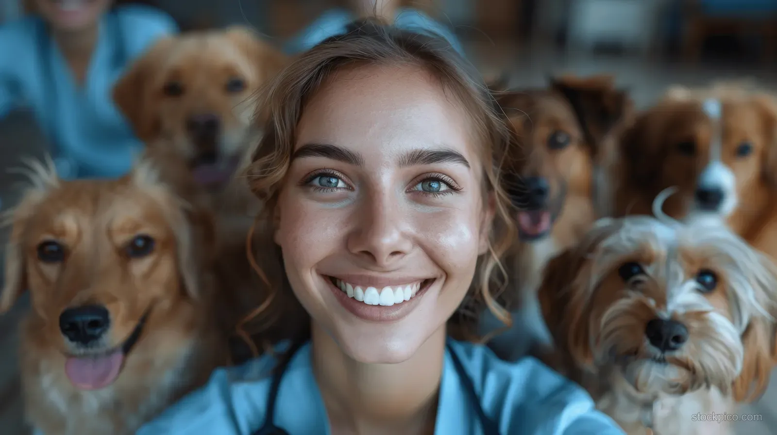 Smiling veterinarian poses for a selfie while multiple dogs sit close together in a clinic room.