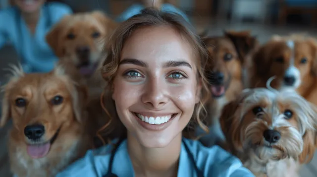 Smiling veterinarian taking a group selfie with dogs inside bright clinic exam room