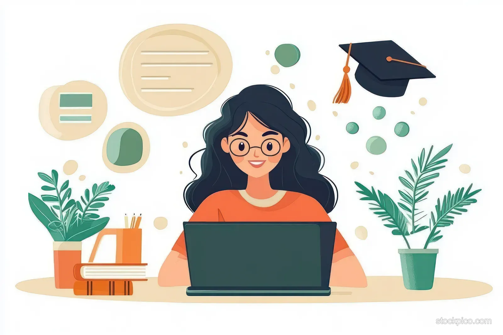 Young woman with glasses types on a laptop at a desk with books, plants, pencils, and floating graduation cap symbols.