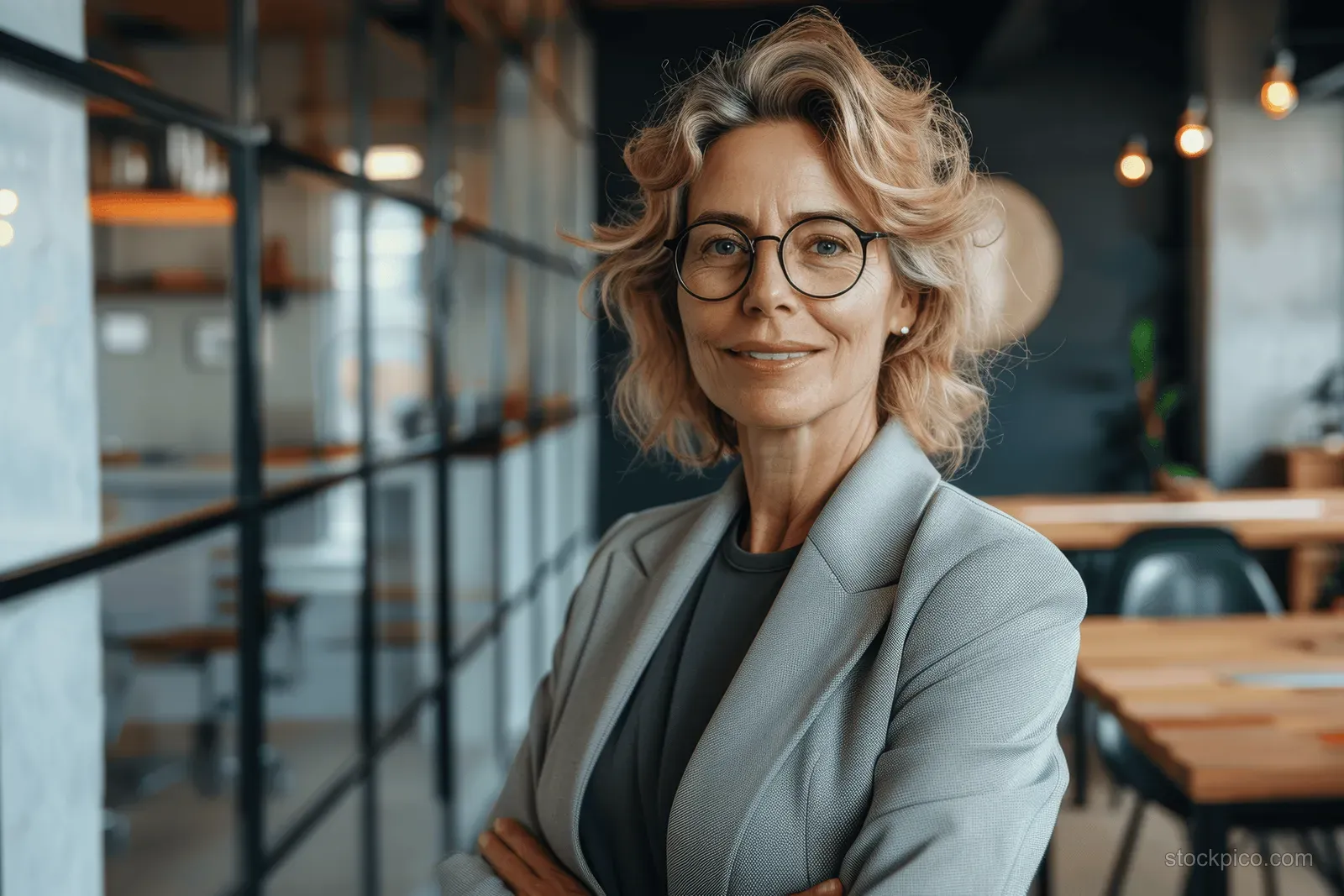 A middle-aged businesswoman with glasses stands with arms crossed in a modern office with glass partitions behind.