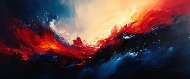 Red and blue abstract landscape bursts with swirling brush strokes and paint splashes