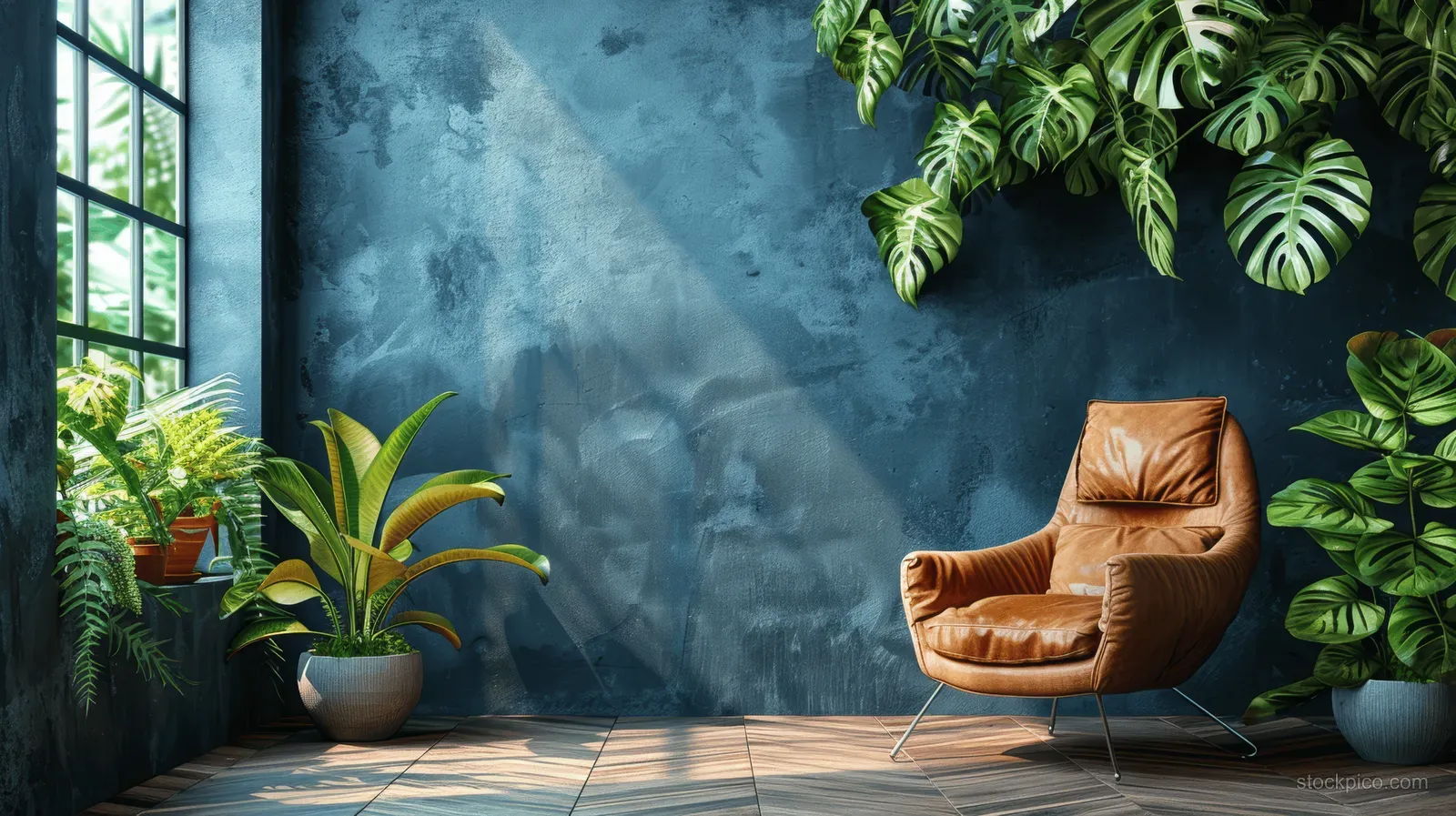 Brown leather armchair in a modern living room with a dark blue wall, wooden floor, and several potted plants.
