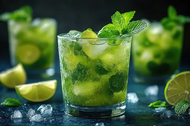 A clear glass of crushed-ice lime and mint drink with lime wedges and mint leaves on a dark table.