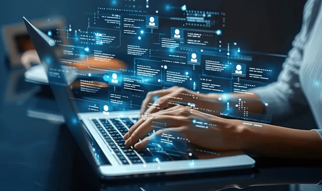 Business team members enter customer and employee details on a laptop with glowing data and profile icons in the background.
