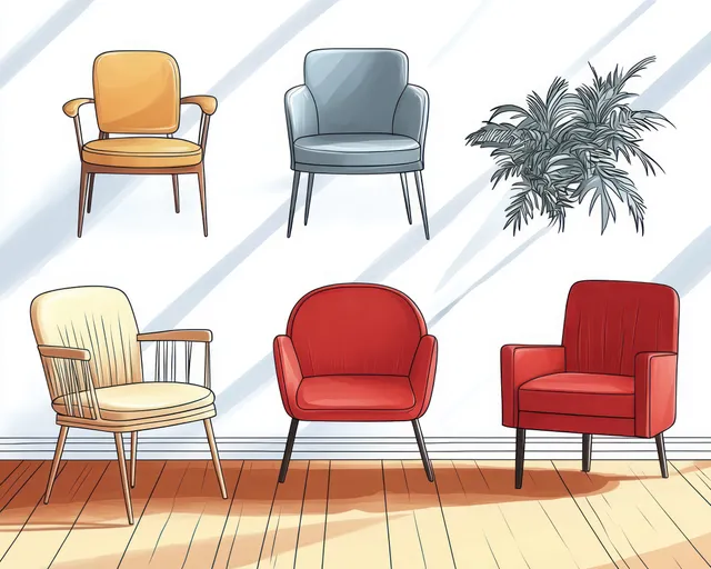 Minimalist chair illustration set with armchairs, warm lighting, and vector doodle lines