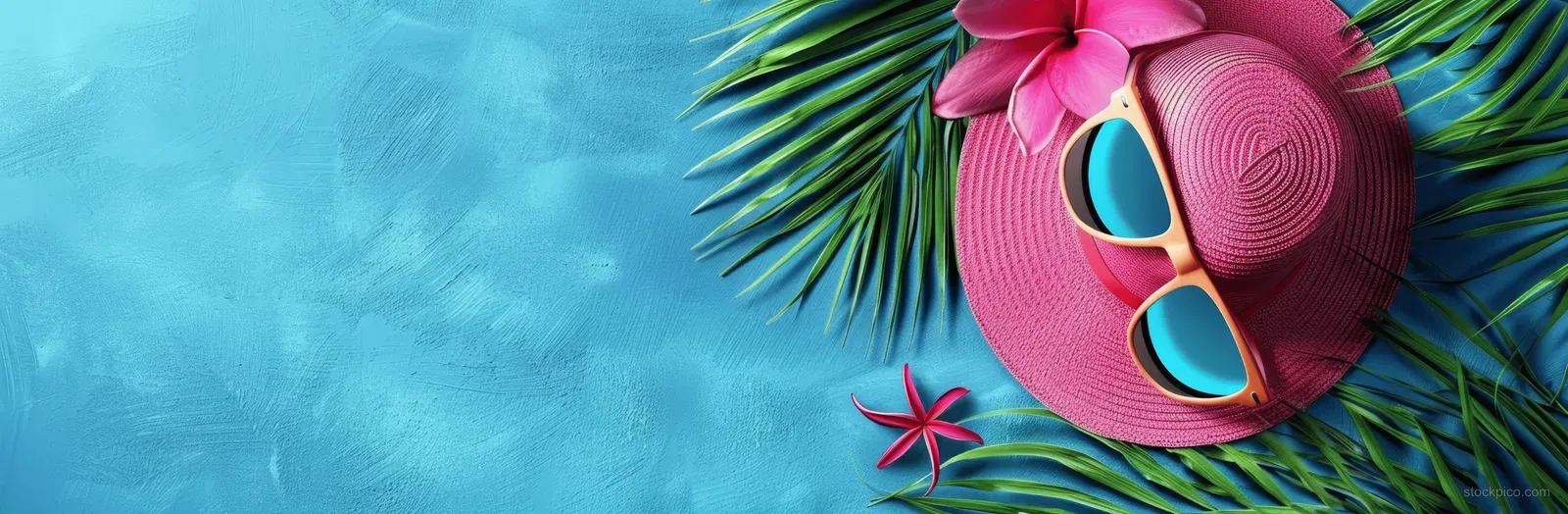 Pink beach hat and turquoise sunglasses placed on palm leaves against an azure blue summer background with blank copy space.