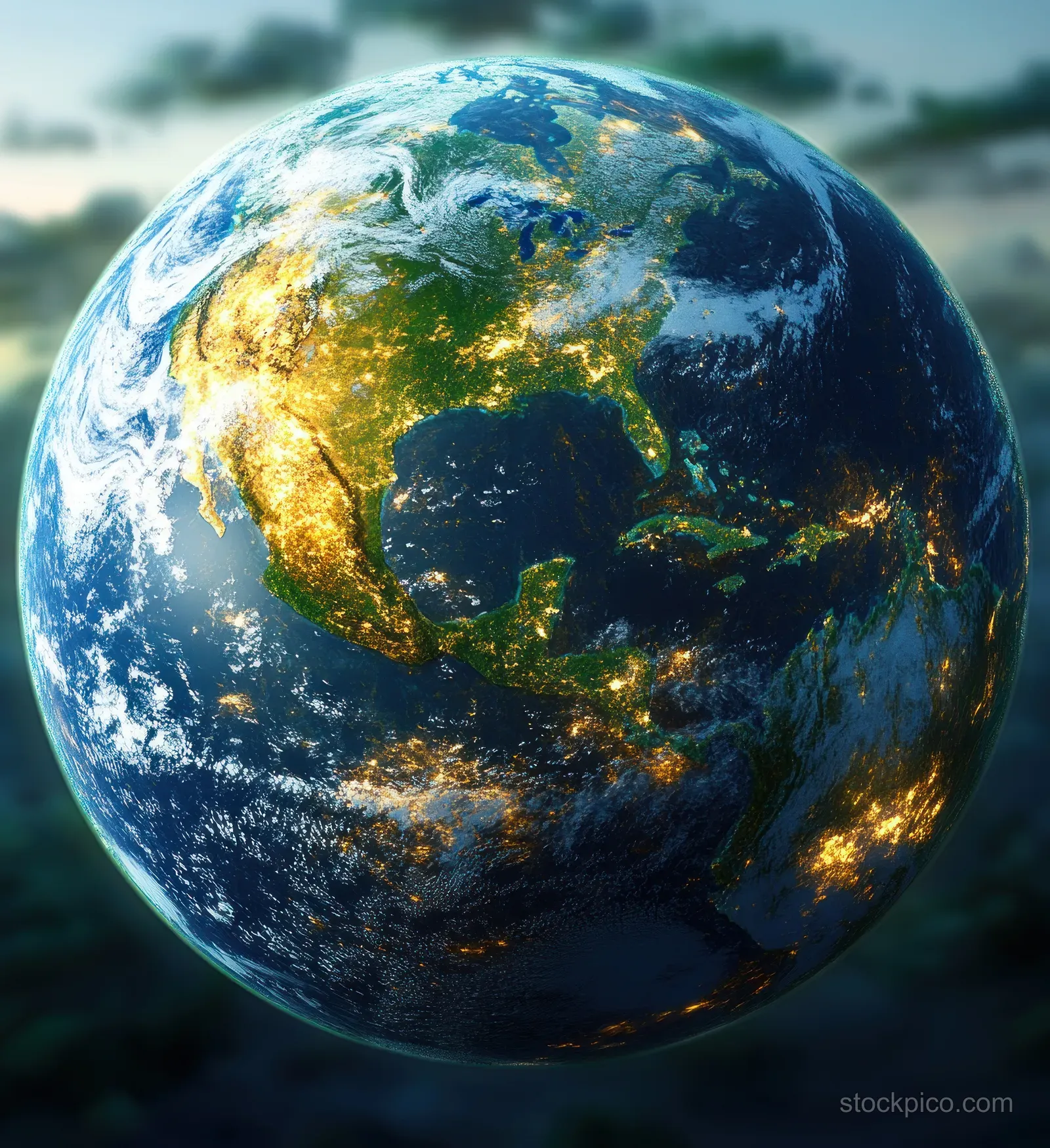 A 3D Earth globe with textured Europe and Africa, blue oceans, and a soft atmospheric glow.