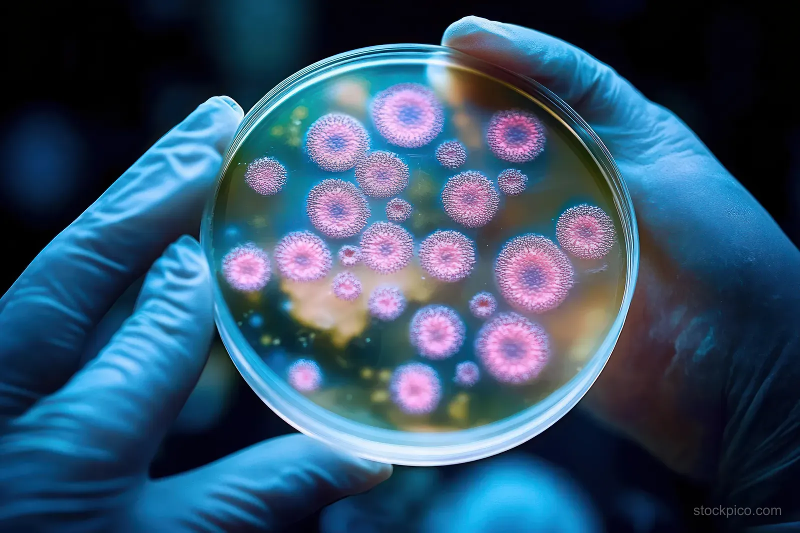 Gloved hands hold a Petri dish showing colorful bacterial colonies growing on agar under lab lighting.