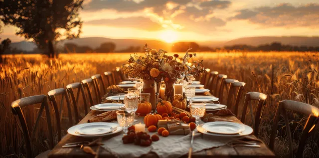 Rustic autumn banquet table in wheat field at sunset with candles and floral centerpiece