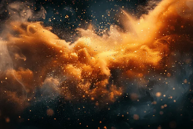 Dust explosion burst on dark background with golden orange vintage film grain