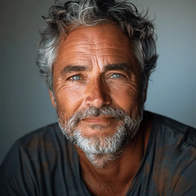Smiling senior man with grey hair and a short beard in a closeup portrait on a light background.