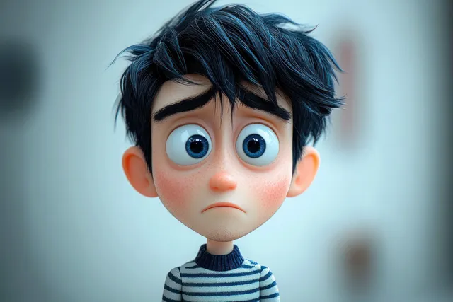 A young boy with messy dark hair and big blue eyes in a striped sweater looks anxious in a close-up portrait.