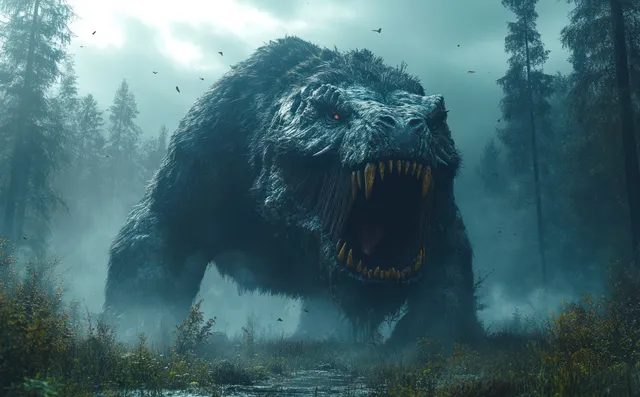 An Entelodon lunges through a misty Eocene forest, mouth open and fangs exposed behind ferns and trees.