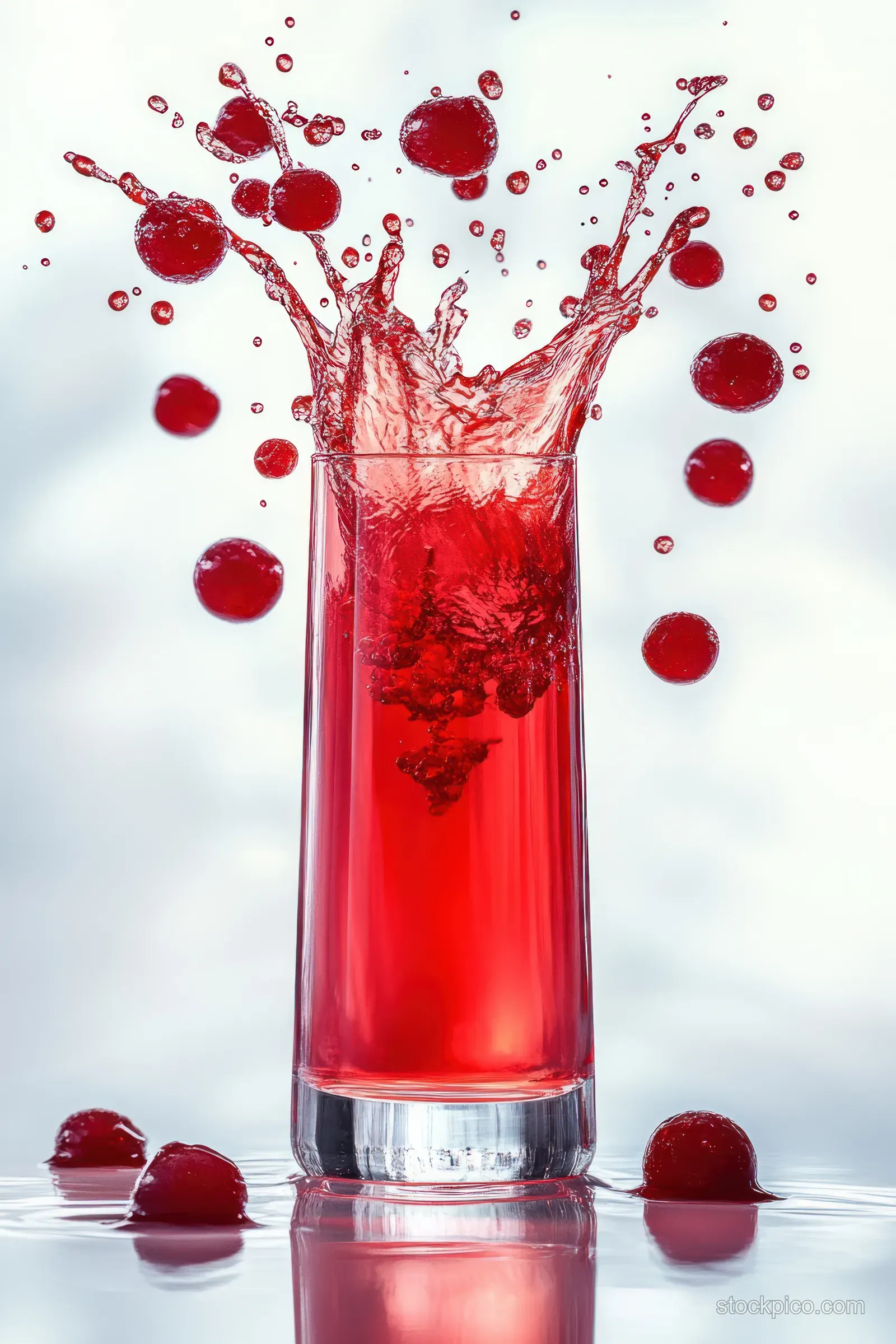 Red cherry juice splashes upward from a glass with scattered droplets and bright bubbles on a white background.