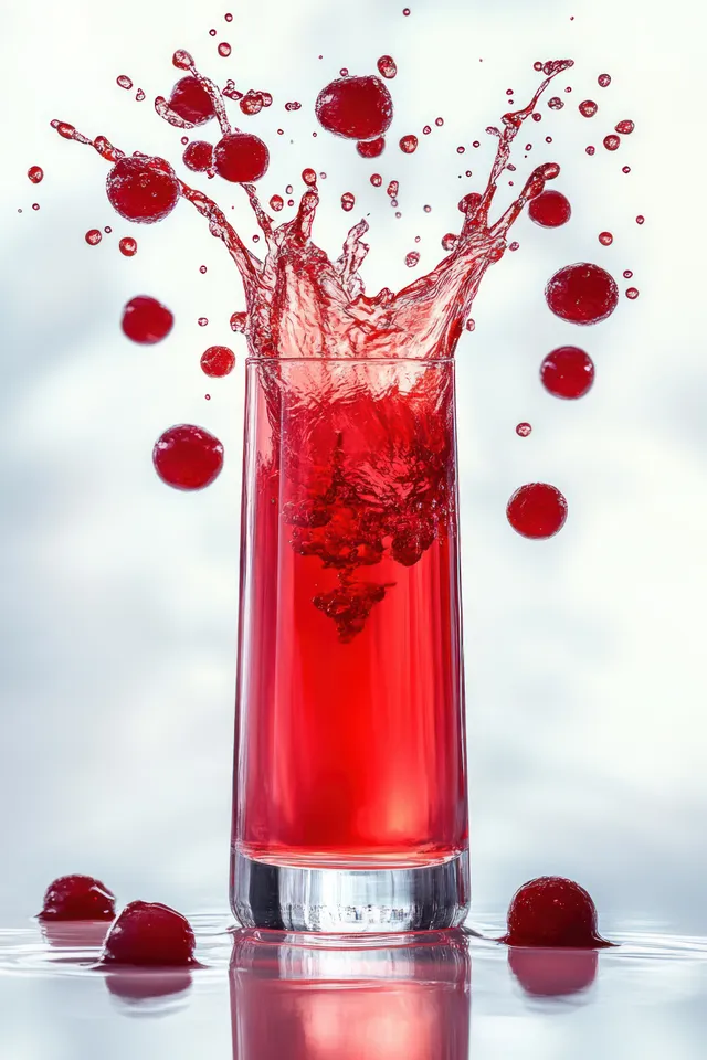 Red cherry juice splashes upward from a glass with scattered droplets and bright bubbles on a white background.
