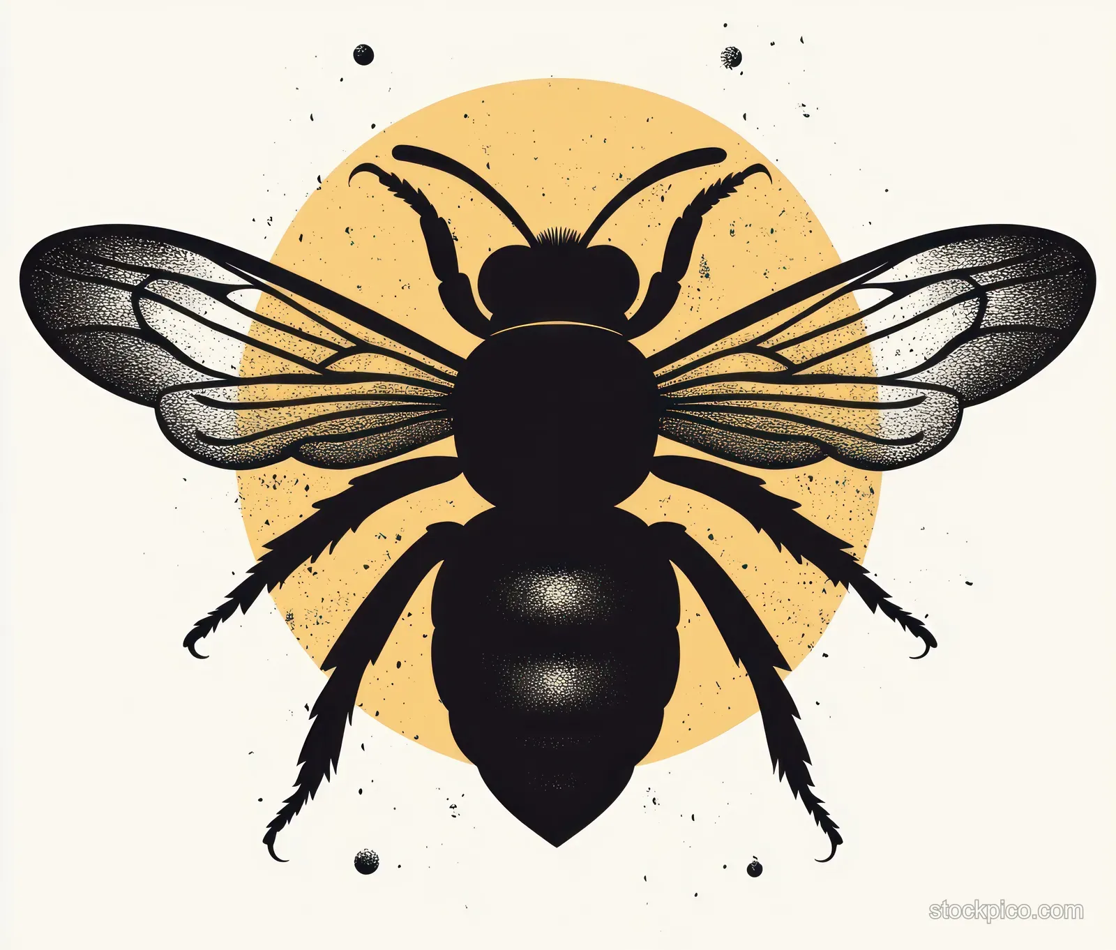A black bee silhouette with spread wings sits centered on a muted yellow circle background.